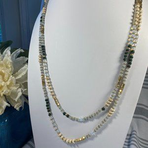 Long Boho Chic Gold Tone Beaded Black and Light Blue Necklace